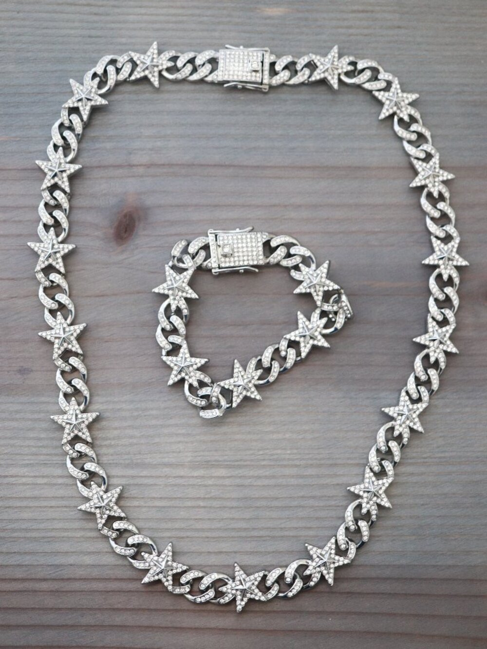 Stars & Cuban Ice Round Curb Diamond Chain with Rhinestones Silver Plated N+B Se